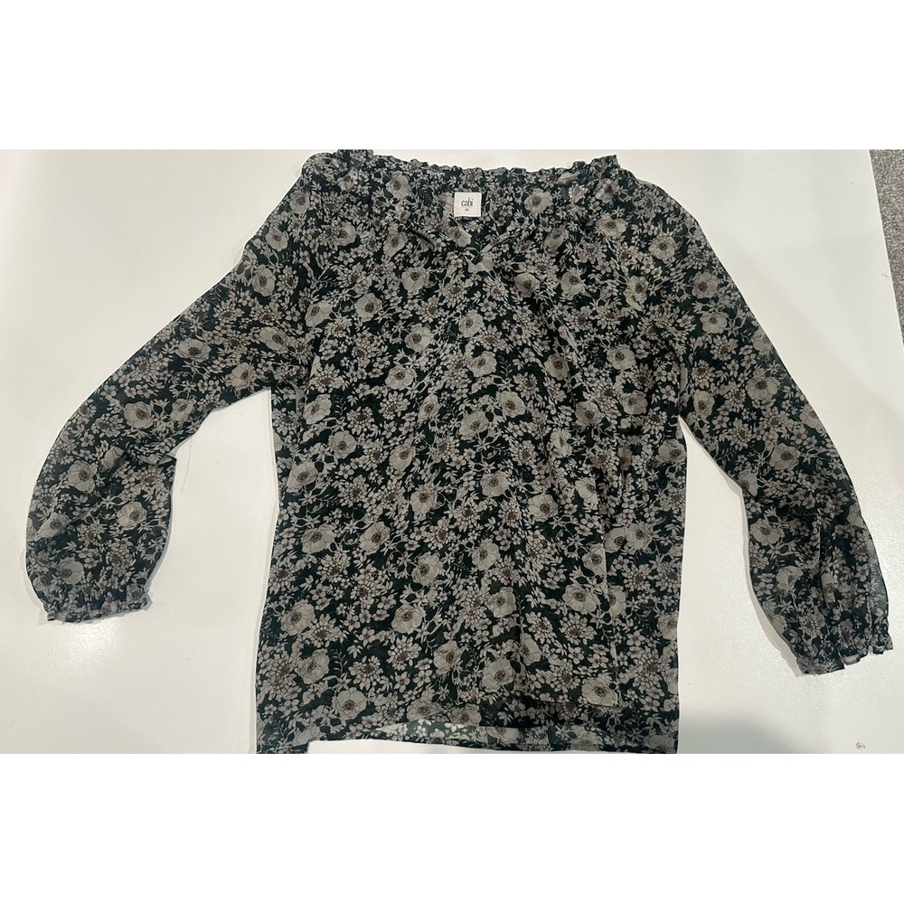 Cabi Top Shirt Womens XS Green White Floral Sheer 3/4 Sleeve Career Casaul